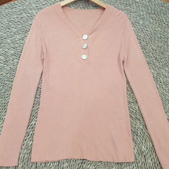 Tops - Ribbed V-Neck Long Sleeve Top with Buttons